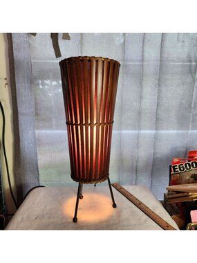 Mid-Century Modern Style Rattan Tripod Table Lamp With Warm Glow Interior & Wove